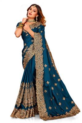 Turquoise Embroidered Satin Saree With Blouse Piece 1