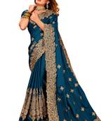 Turquoise Embroidered Satin Saree With Blouse Piece