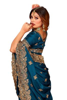Turquoise Embroidered Satin Saree With Blouse Piece 2