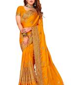 Mustard Embroidered Satin Saree With Blouse Piece