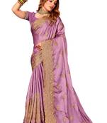 Lavender Embroidered Satin Saree With Blouse Piece