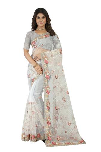 White Embroidered Net Saree With Blouse Piece