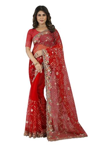 Red Embroidered Net Saree With Blouse Piece