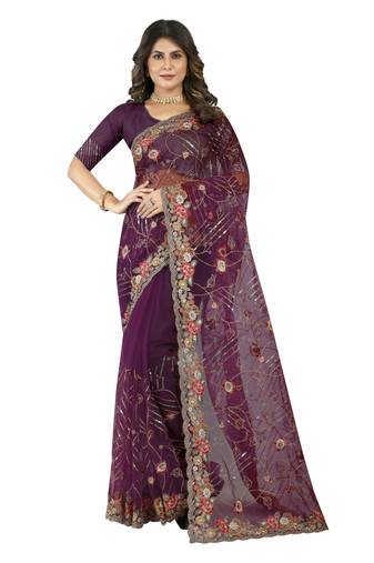 Wine Embroidered Net Saree With Blouse Piece