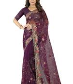Wine Embroidered Net Saree With Blouse Piece