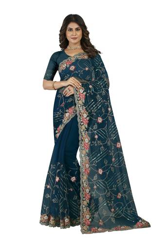 Turquoise Embroidered Net Saree With Blouse Piece