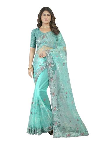 Blue Embroidered Net Saree With Blouse Piece