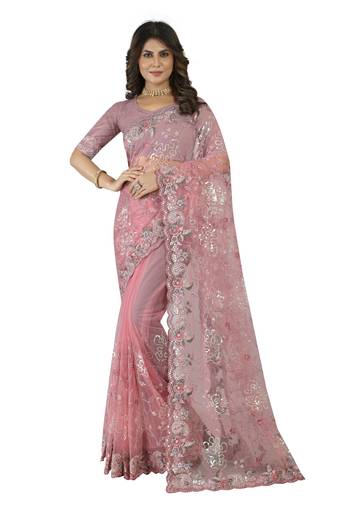 Pink Embroidered Net Saree With Blouse Piece