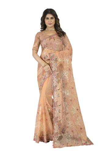 Peach Embroidered Net Saree With Blouse Piece