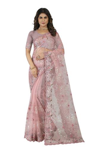 Light Pink Embroidered Net Saree With Blouse Piece