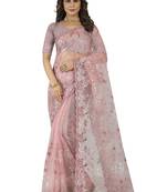 Light Pink Embroidered Net Saree With Blouse Piece
