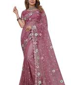 Dark Pink Embroidered Net Saree With Blouse Piece