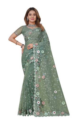 Turquoise Embroidered Net Saree With Blouse Piece