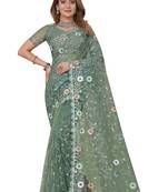 Turquoise Embroidered Net Saree With Blouse Piece