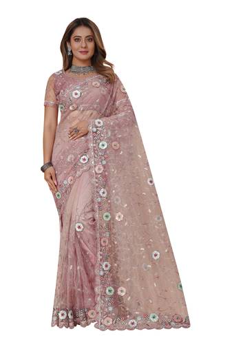 Light Pink Embroidered Net Saree With Blouse Piece