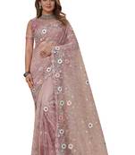 Light Pink Embroidered Net Saree With Blouse Piece