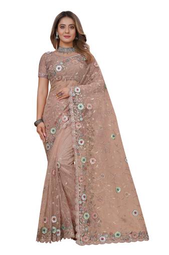 Peach Embroidered Net Saree With Blouse Piece