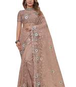 Peach Embroidered Net Saree With Blouse Piece