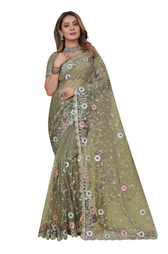Green Embroidered Net Saree With Blouse Piece