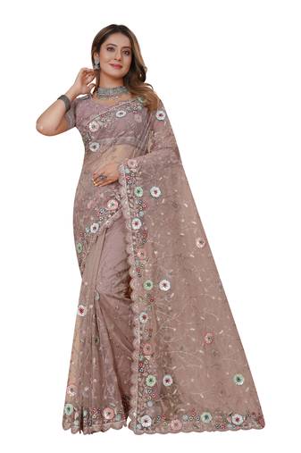 Lavender Embroidered Net Saree With Blouse Piece