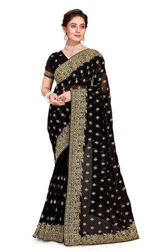 Black Embroidered Georgette Saree With Blouse Piece