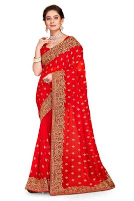 Red Embroidered Georgette Saree With Blouse Piece 1