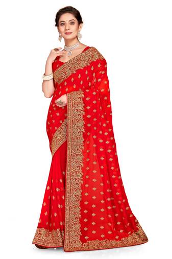 Red Embroidered Georgette Saree With Blouse Piece
