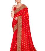 Red Embroidered Georgette Saree With Blouse Piece