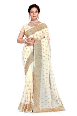 Off White Embroidered Georgette Saree With Blouse Piece 1