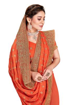 Peach Embroidered Georgette Saree With Blouse Piece 2