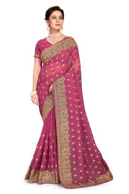 Pink Embroidered Georgette Saree With Blouse Piece 1