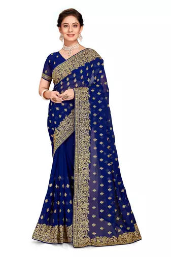 Navy Blue Embroidered Georgette Saree With Blouse Piece