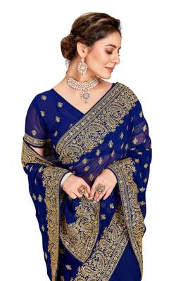 Navy Blue Embroidered Georgette Saree With Blouse Piece 2