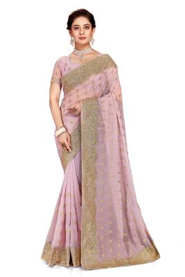 Lavender Embroidered Georgette Saree With Blouse Piece 1
