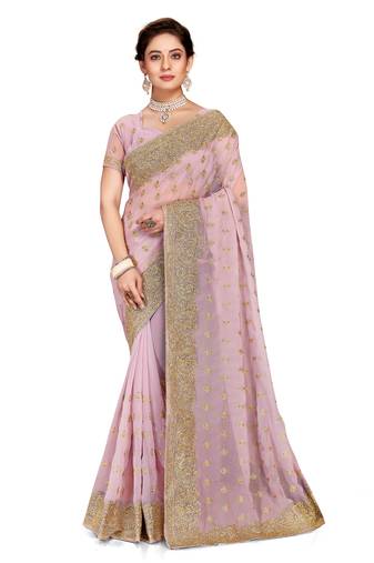 Lavender Embroidered Georgette Saree With Blouse Piece