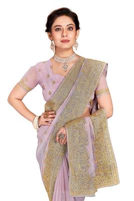 Lavender Embroidered Georgette Saree With Blouse Piece 2