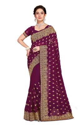 Wine Embroidered Georgette Saree With Blouse Piece 1
