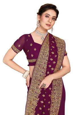 Wine Embroidered Georgette Saree With Blouse Piece 2