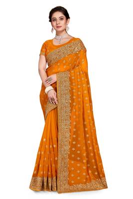 Mustard Embroidered Georgette Saree With Blouse Piece 1