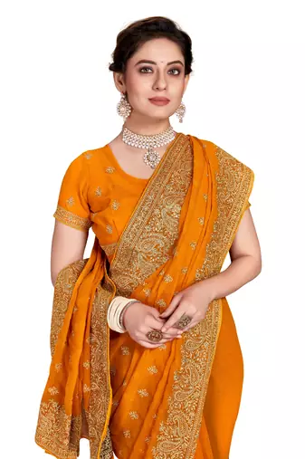 Mustard Embroidered Georgette Saree With Blouse Piece