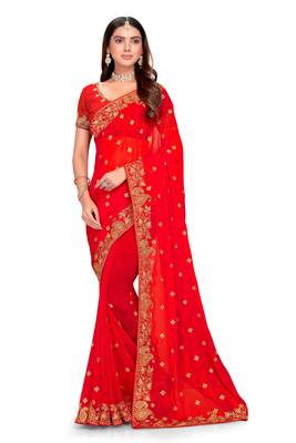 Red Embroidered Georgette Saree With Blouse Piece 1