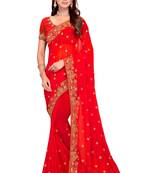 Red Embroidered Georgette Saree With Blouse Piece