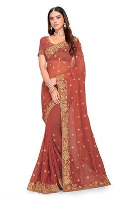 Rust Embroidered Georgette Saree With Blouse Piece 1