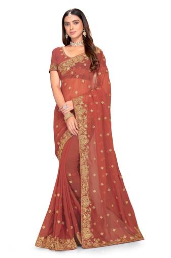 Rust Embroidered Georgette Saree With Blouse Piece
