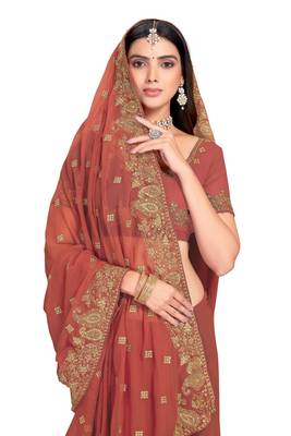 Rust Embroidered Georgette Saree With Blouse Piece 2