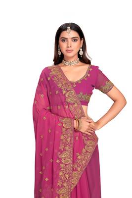 Pink Embroidered Georgette Saree With Blouse Piece 2