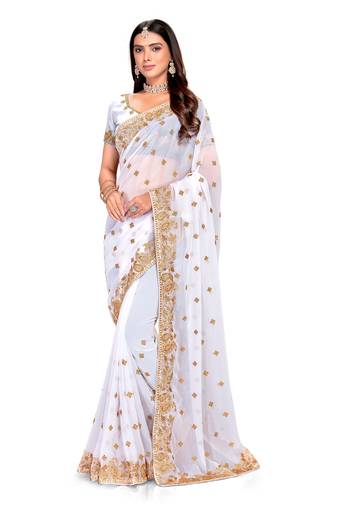 White Embroidered Georgette Saree With Blouse Piece