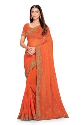 Peach Embroidered Georgette Saree With Blouse Piece 1