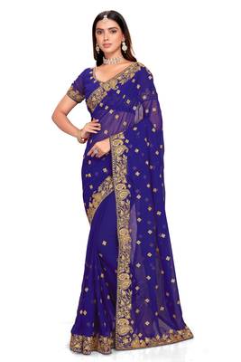 Navy Blue Embroidered Georgette Saree With Blouse Piece 1