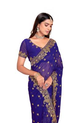 Navy Blue Embroidered Georgette Saree With Blouse Piece 2